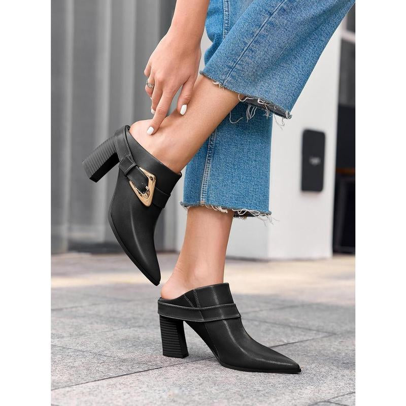 Fashare Womens Mules Boots Chunky Stacked Heel Pointed Toe Booties Slip on Dress Boot Shoes with Buckle Decoration